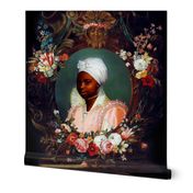 3 victorian baroque renaissance portraits tudor black woman girl teenager lady african descent POC people of color WOC headdress head wrap bows flowers floral roses ornate colorful flourish  Queen Elizabeth 1 inspired princess  medallion frames border ora