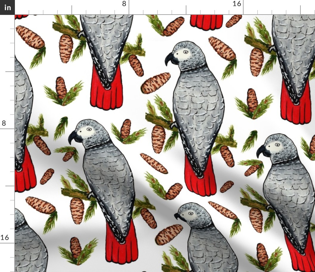 African Grey on a Fir Branch in Watercolor Normal Scale