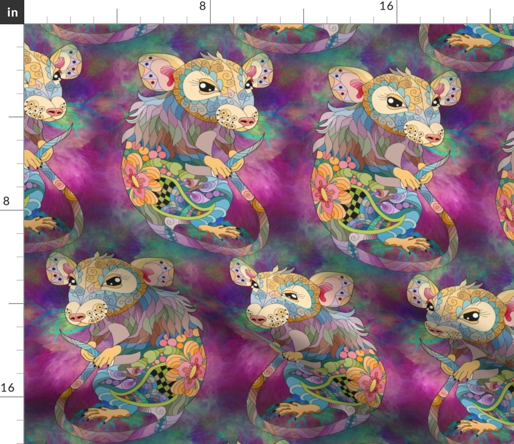 LARGE PSYCHEDELIC cute RAT FRONT DOODLE  SEAMLESS PATTERN FLWRHT