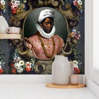 2 victorian baroque renaissance portraits tudor black woman lady african descent POC people of color WOC headdress head wrap bows flowers floral roses ornate colorful flourish  Queen Elizabeth 1 inspired princess  medallion frames border pink gown gold ne