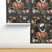 2 victorian baroque renaissance portraits tudor black woman lady african descent POC people of color WOC headdress head wrap bows flowers floral roses ornate colorful flourish  Queen Elizabeth 1 inspired princess  medallion frames border pink gown gold ne