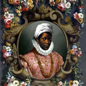 2 victorian baroque renaissance portraits tudor black woman lady african descent POC people of color WOC headdress head wrap bows flowers floral roses ornate colorful flourish  Queen Elizabeth 1 inspired princess  medallion frames border pink gown gold ne