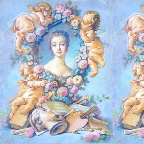  Madame de Pompadour baroque rococo victorian garlands wreaths  pink roses Marie Antoinette floral flowers cherubs angels french  france beautiful putti woman portraits lady mistress of king Louis XV beauty books music trumpets musical notes bust artists 