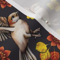 Autumn Sparrow with Flowers & Leaves