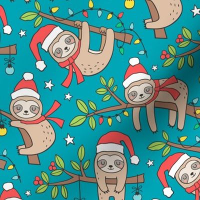 Christmas Holidays Winter Sloths on Teal Blue