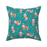 Christmas Holidays Winter Sloths on Teal Blue