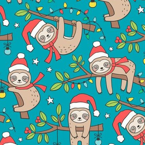 Christmas Holidays Winter Sloths on Teal Blue