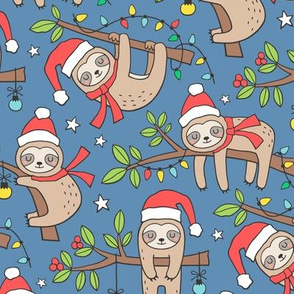 Christmas Holidays Winter Sloths on Navy Blue