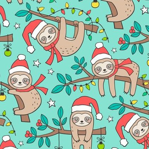 Christmas Holidays Winter Sloths on Mint Green