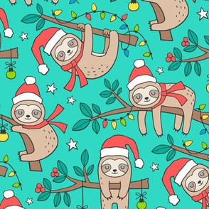 Christmas Holidays Winter Sloths on Dark Mint Green