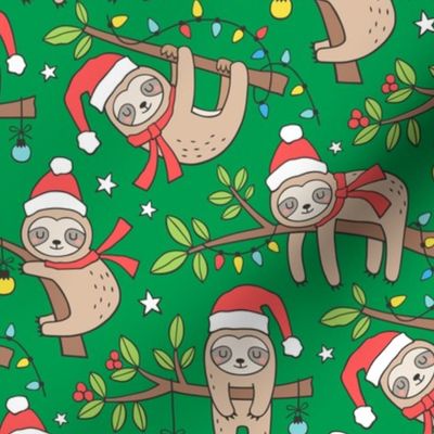 Christmas Holidays Winter Sloths on Dark Green