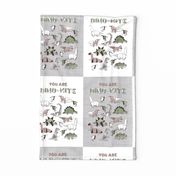 You are dino-mite punderful quote A4 size TEA TOWEL // two colors grey linen texture and white background paper green grey and white origami dinosaurs