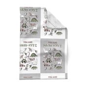 You are dino-mite punderful quote A4 size TEA TOWEL // two colors grey linen texture and white background paper green grey and white origami dinosaurs