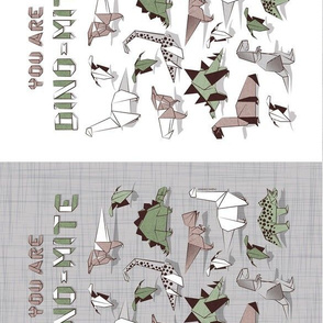 You are dino-mite punderful quote A4 size TEA TOWEL // two colors grey linen texture and white background paper green grey and white origami dinosaurs
