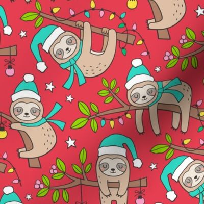 Christmas Holidays Winter Sloths on Dark Red