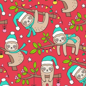 Christmas Holidays Winter Sloths on Dark Red