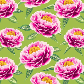 maximalist peony/bright green background/large scale