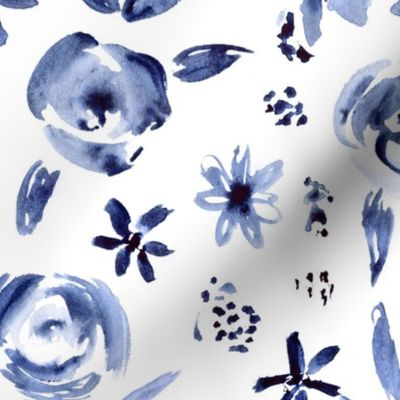 Indigo florals ll monochrome style watercolor floral pattern