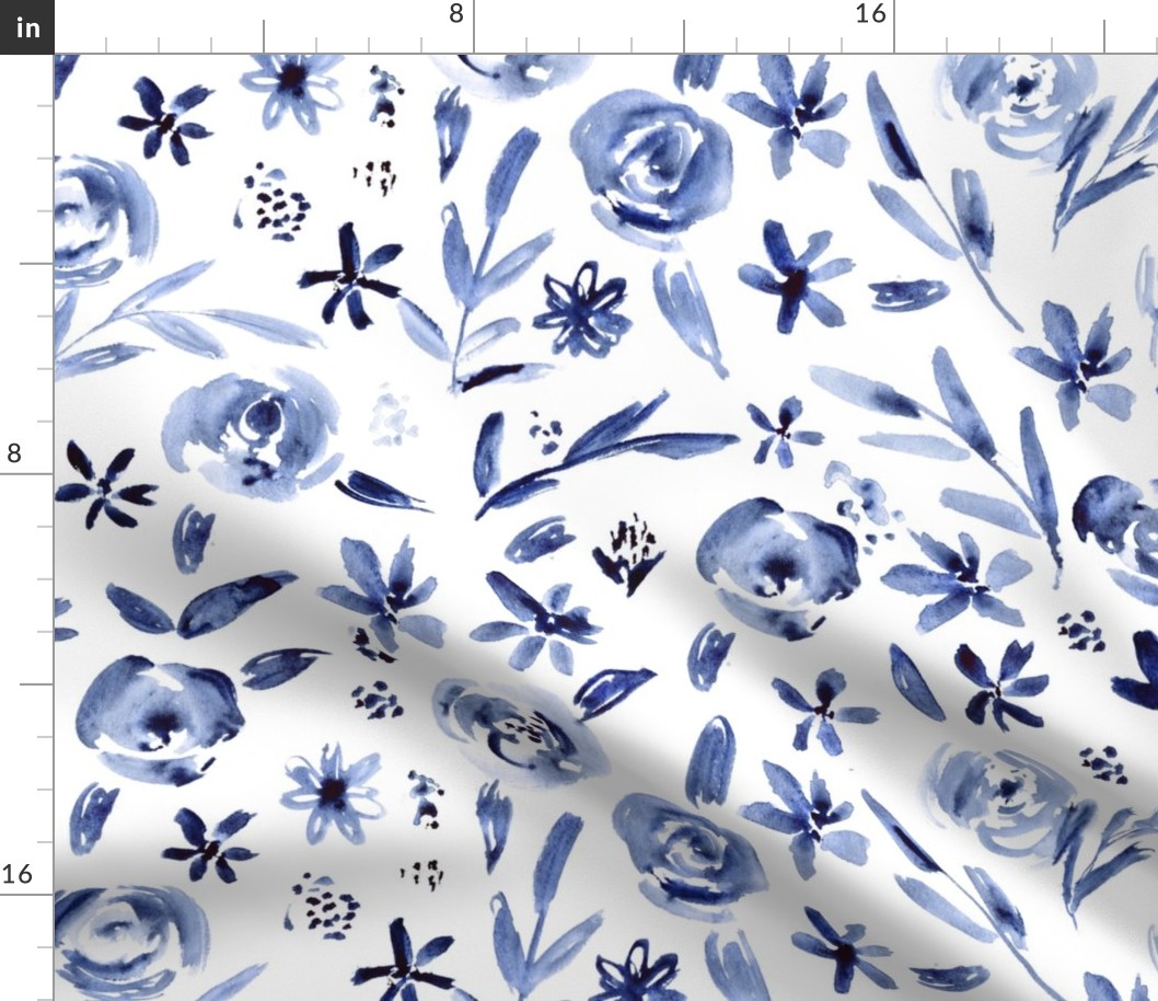 Indigo florals ll monochrome style watercolor floral pattern