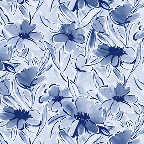 painterly watercolor floral indigo blue small scale