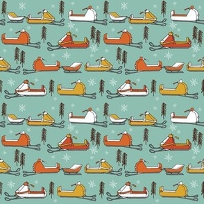 SMALL - snowmobiles fabric // vintage snowmobile illustration, winter outdoors snow fabric by andrea lauren - mustard, orange