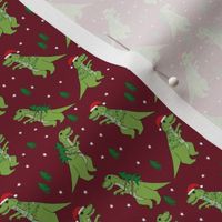 christmas fabric - dinosaur christmas fabric, tree rex, t-rex christmas, funny christmas fabric, funny christmas gift wrap, christmas wrapping paper - burgundy