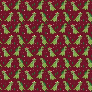 christmas fabric - dinosaur christmas fabric, tree rex, t-rex christmas, funny christmas fabric, funny christmas gift wrap, christmas wrapping paper - burgundy