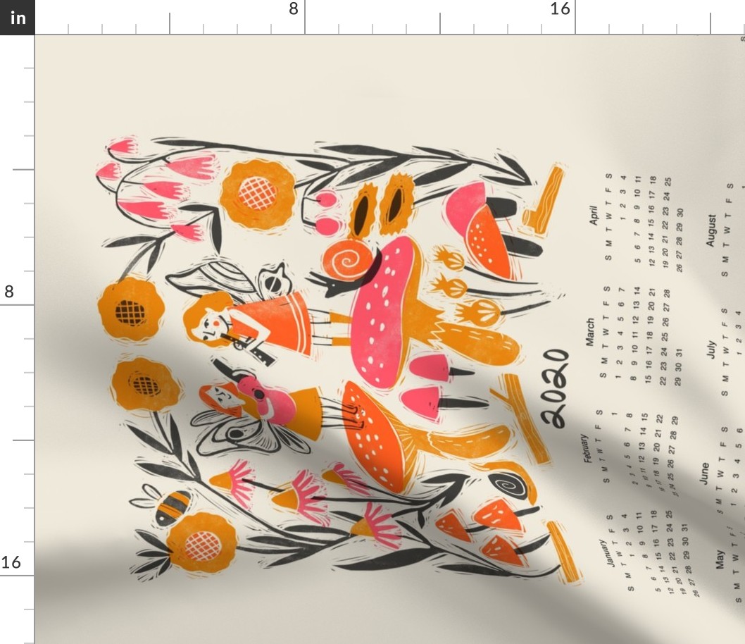 2020 Fairy Garden Calendar - linocut tea towel, tea towel calendar, 2020 calendar fabric - andrea lauren design