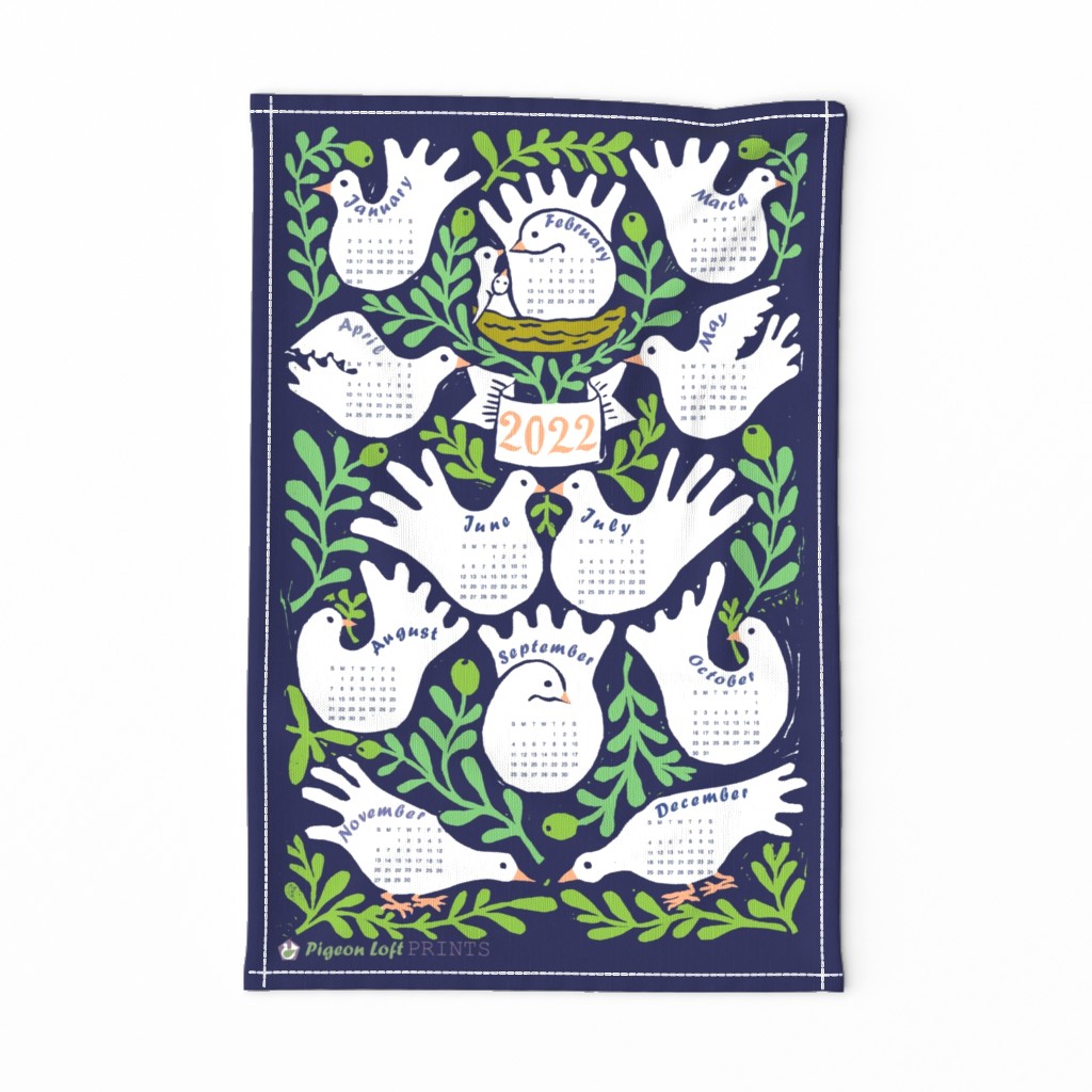 Linocut Doves and Olive Branches- 2022 Calendar