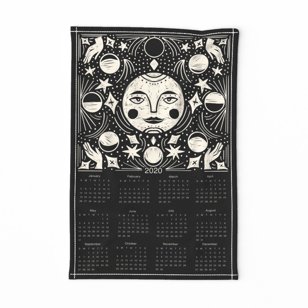 2020 Moon Calendar - moon phase calendar, 2020 tea towel, tea towel calendar - black