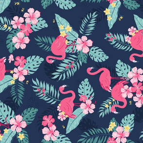 Tropical Flamingos - Navy rotated