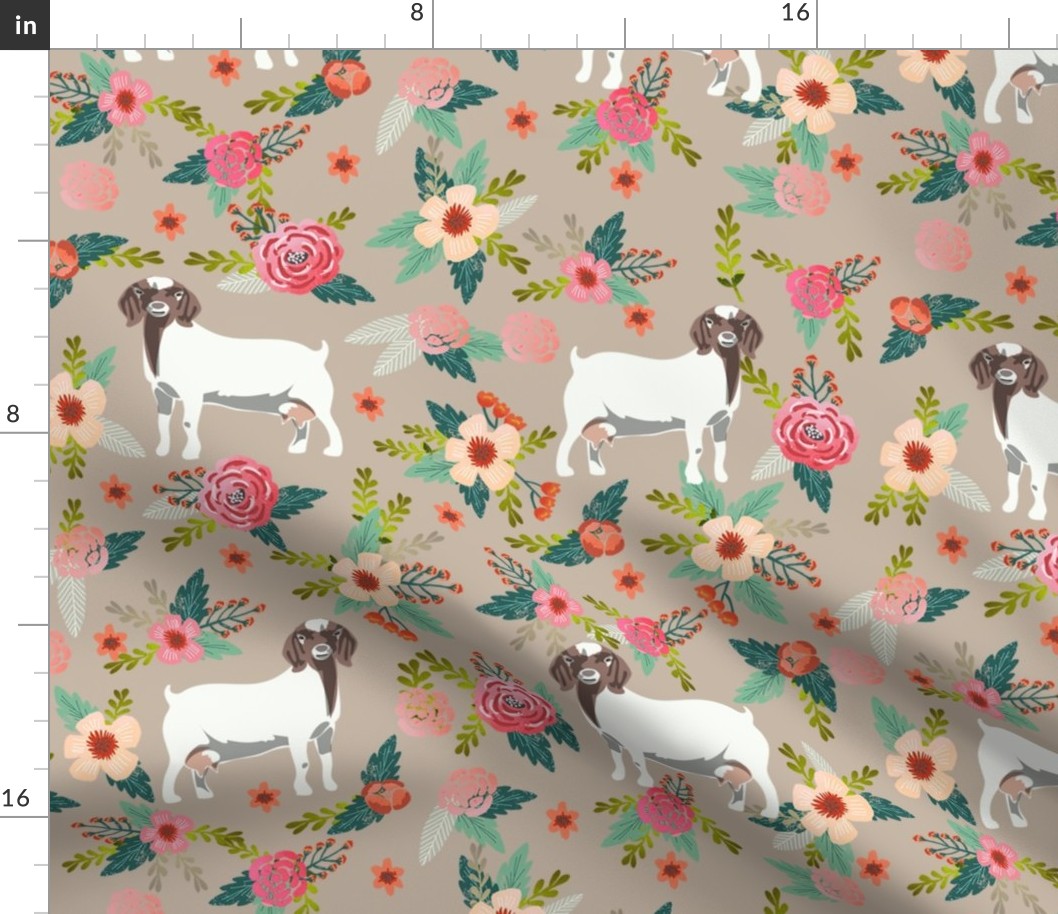 EXTRA LARGE - boer goat floral fabric - goat fabric, goat floral fabric, boer goat, cute farm animals fabric, farm animals fabric, animal fabric -  tan