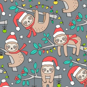 Christmas Holidays Winter Sloths Mint Leaves on Dark Grey
