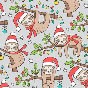 Christmas Holidays Winter Sloths on Light Grey