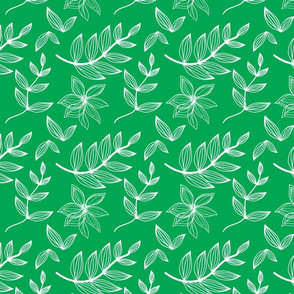 Bright Green and White Botanical Flowers Leaves