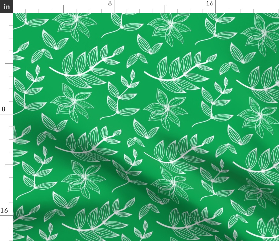 Bright Green and White Botanical Flowers Leaves