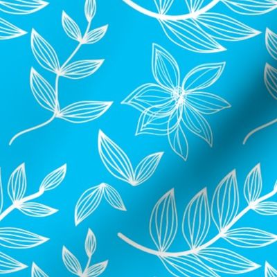 Bright Blue and White Botanical Flowers Leaves