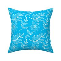Bright Blue and White Botanical Flowers Leaves