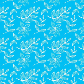 Bright Blue and White Botanical Flowers Leaves