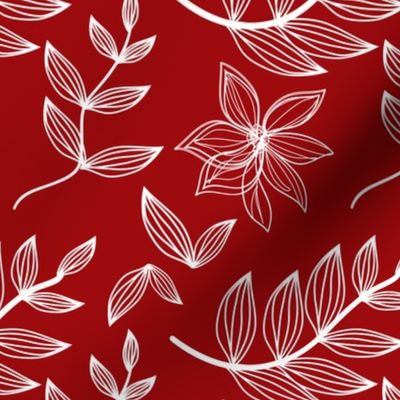 Merlot Red and White Botanical Flowers Leaves