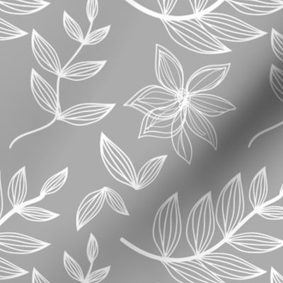 Soft Grey and White Botanical Flowers Leaves