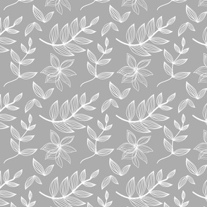 Soft Grey and White Botanical Flowers Leaves
