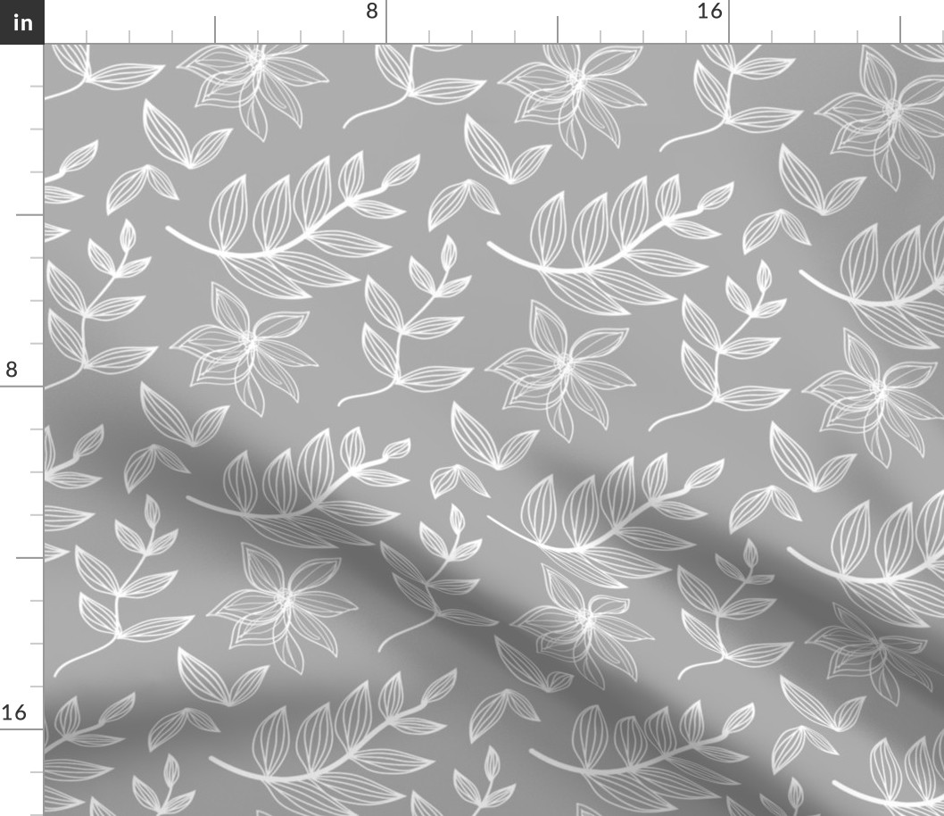 Soft Grey and White Botanical Flowers Leaves