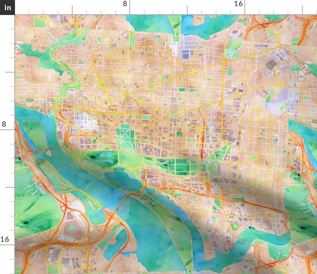 Washington, DC watercolor map 18x18
