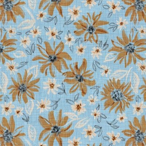 Rustic Bronze Sunflowers & Almond Daisies (dusty blue) 7"