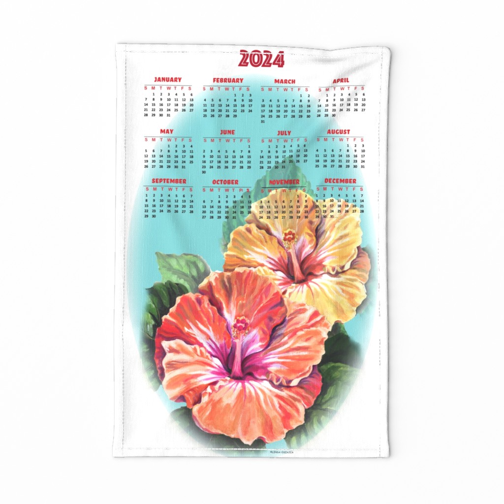 2024 Vintage Hibiscus CalendarTea towel