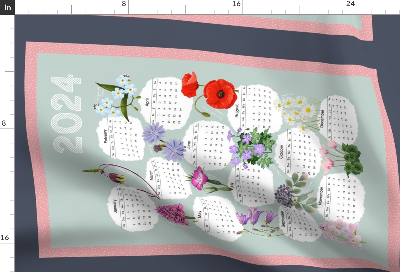Botanical 2024 tea towel calendar Fabric | Spoonflower