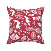 Woodland Forest Christmas Doodle with Deer,Bear,Snowflakes,Trees, Pinecone in Darker Red Larger 7 inch Rotated