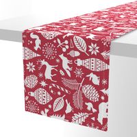 Woodland Forest Christmas Doodle with Deer,Bear,Snowflakes,Trees, Pinecone in Darker Red Larger 7 inch Rotated