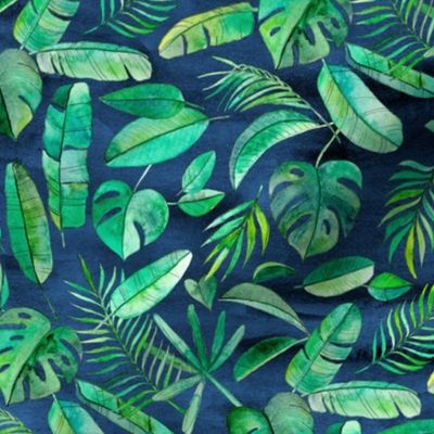 Emerald Tropical Leaf Scatter on textured Navy Blue - small